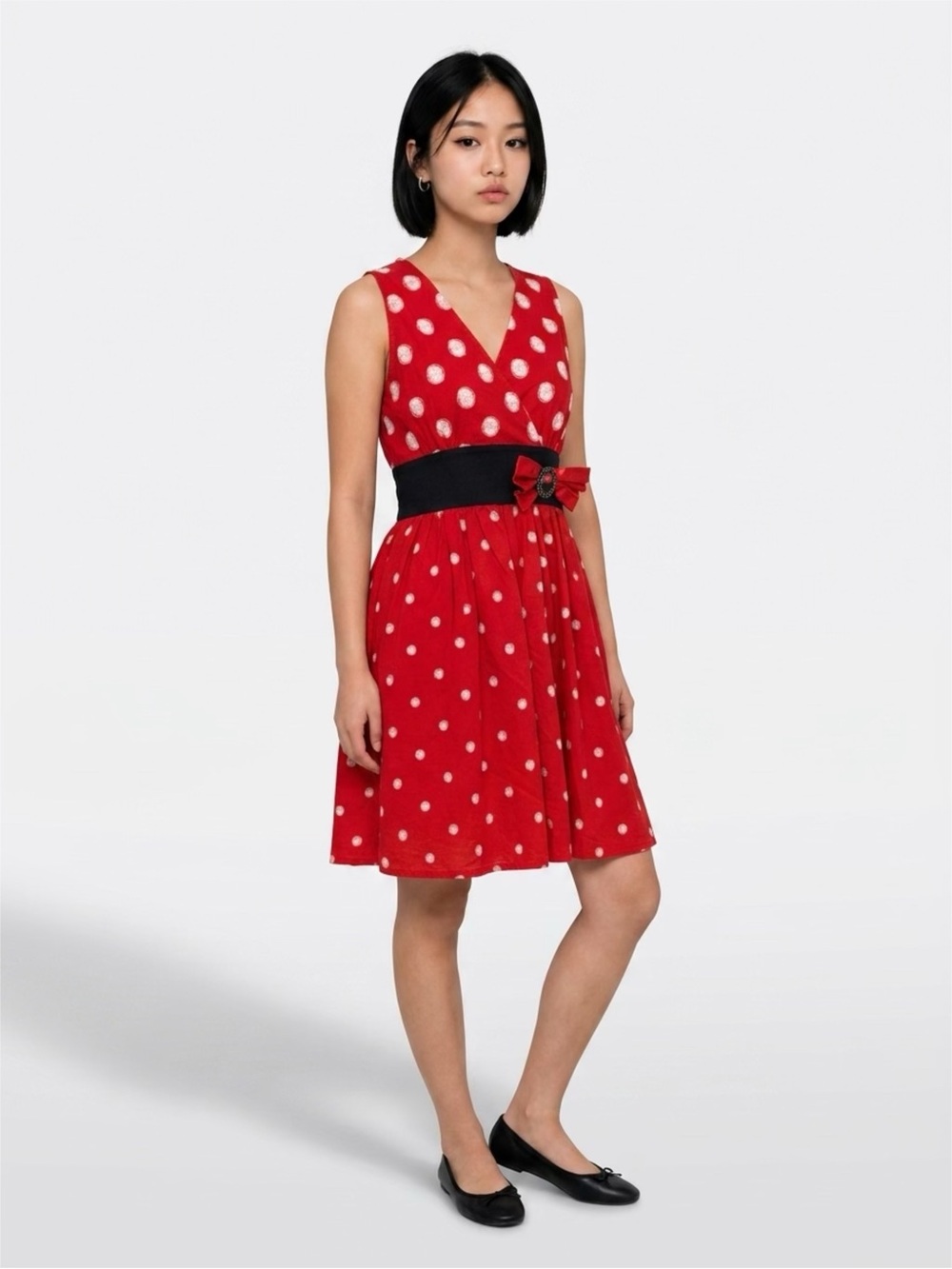 Disney Red Polka Dot V-Neck Fit & Flare Dress with Black Waist Bow